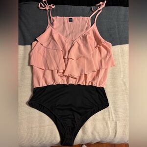 SHEIN Peach and Black Ruffle Bodysuit